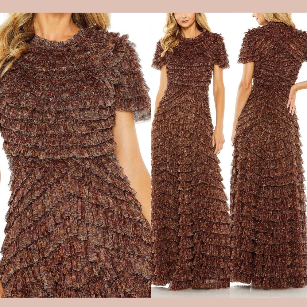 NEW Mac Duggal [ 16 ] 8042 Ruffle Tiered‎ Short Sleeve A Line Gown Brown #S2138